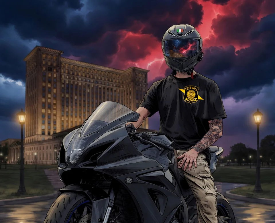 A Freewill Ridez rider on a black sportbike in front of Michigan Central Station under a red storm sky