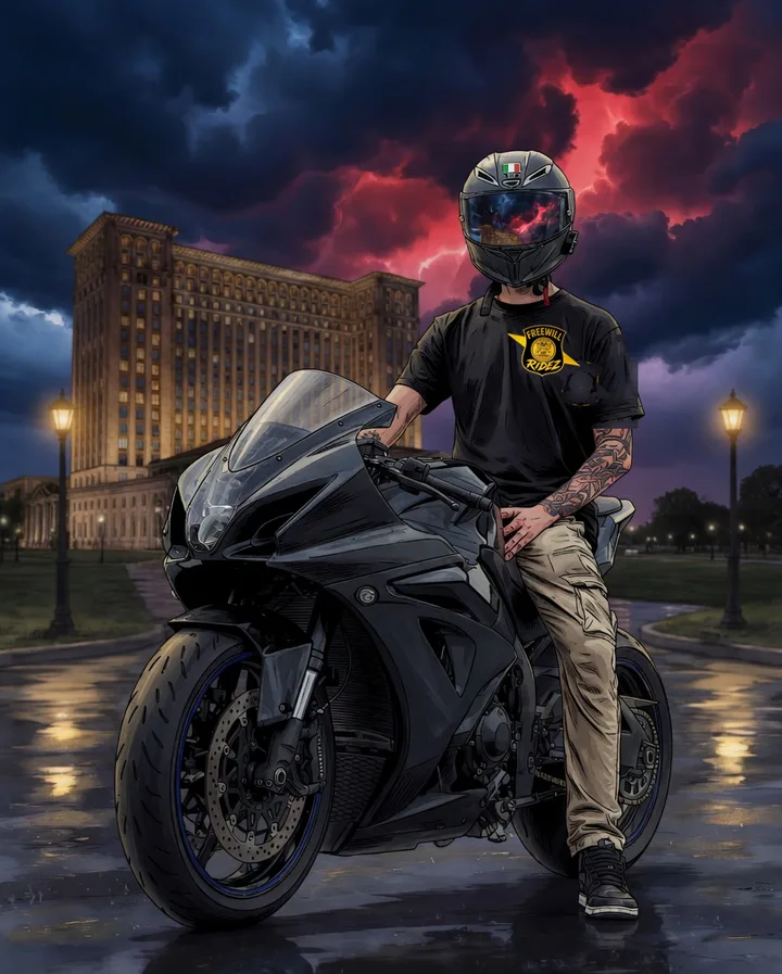 A Freewill Ridez rider on a black sportbike in front of Michigan Central Station at night